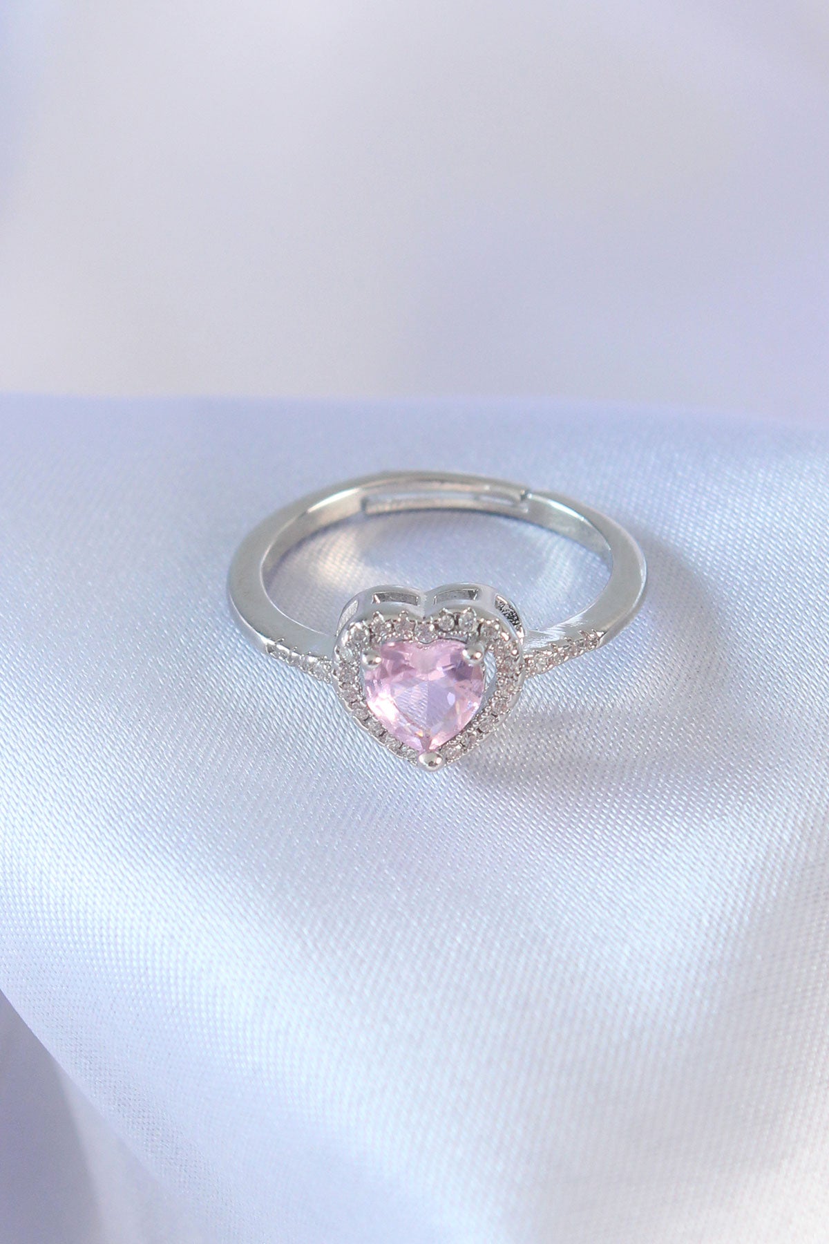 Gümüş Rengi Pembe Zirkon Taşlı Kalp Charm Yüzük - Pirinç