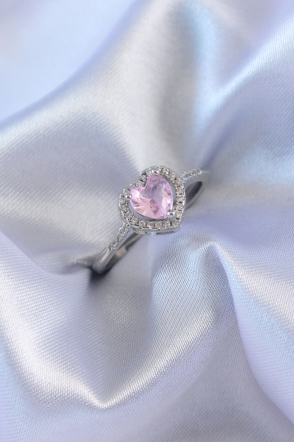 Gümüş Rengi Pembe Zirkon Taşlı Kalp Charm Yüzük - Pirinç