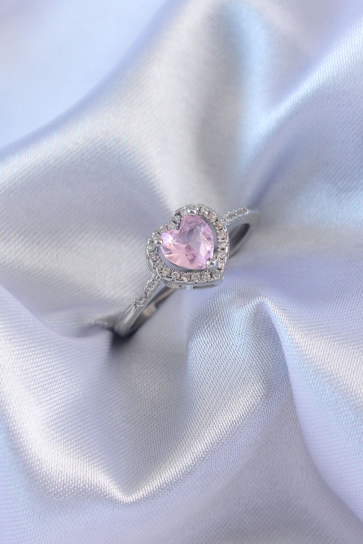 Gümüş Rengi Pembe Zirkon Taşlı Kalp Charm Yüzük - Pirinç