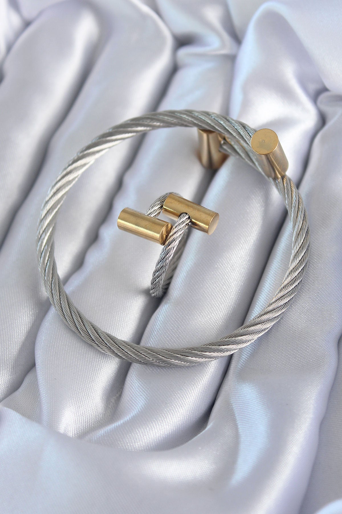 Titan Twist Erkek Bileklik Yüzük Kombini - Gümüş/Gold Renk | 316L Çelik