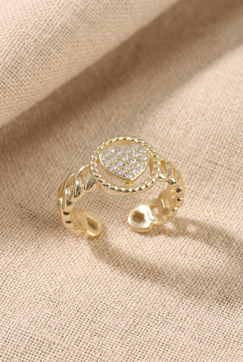 VORA HOUSE altın rengi pirinç, zirkon taşlı kalp detaylı ayarlanabilir şık kadın yüzük