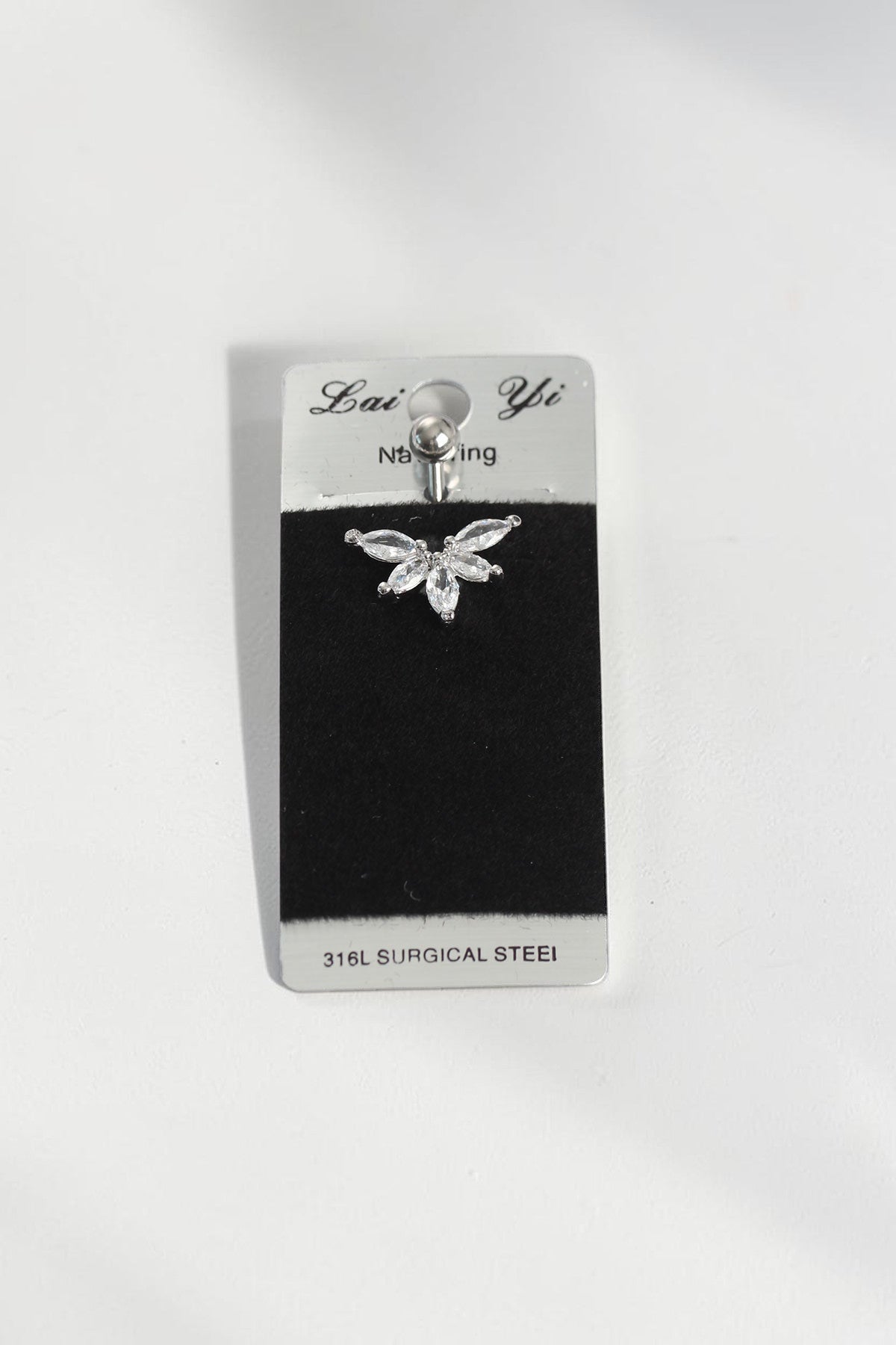 VORA HOUSE 316L surgical steel belly button piercing with a sparkling butterfly-shaped zircon stone design