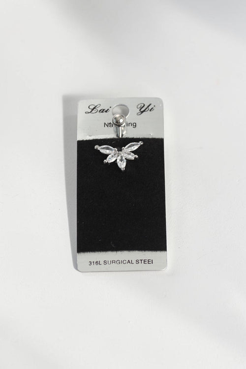 VORA HOUSE 316L surgical steel belly button piercing with a sparkling butterfly-shaped zircon stone design