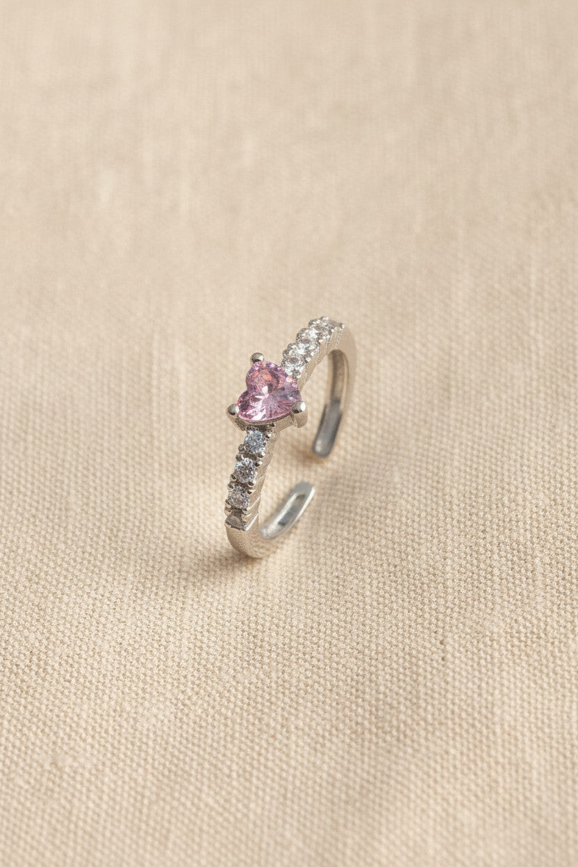 VORA HOUSE gümüş rengi zirkon taşlı ve pembe kristal kalp detaylı ayarlanabilir kadın yüzük