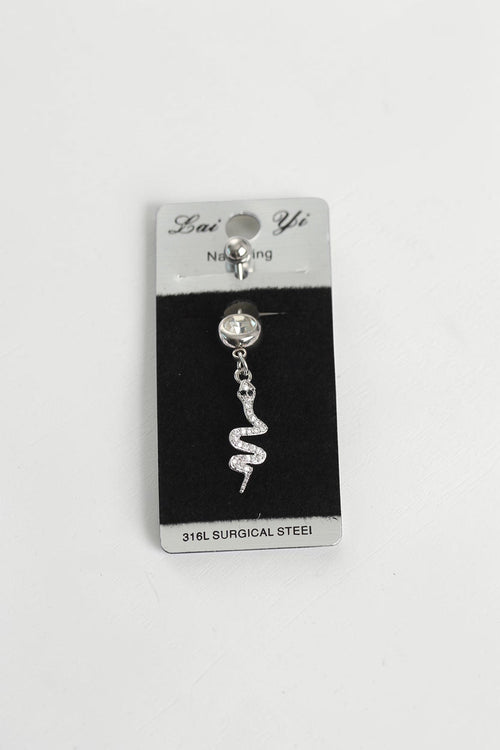 VORA HOUSE 316L surgical steel belly button piercing featuring a dangling snake pendant with sparkling zircon stones.