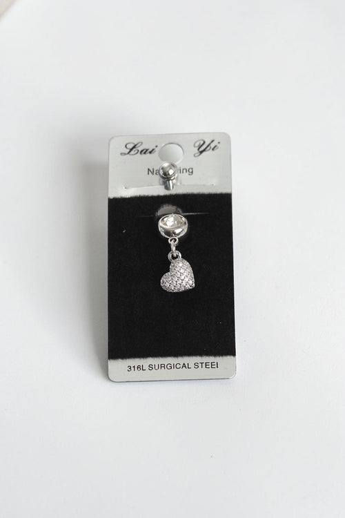 VORA HOUSE 316L surgical steel belly button piercing featuring a dangling heart charm with sparkling zircon stones.