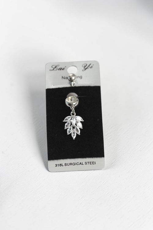 VORA HOUSE 316L surgical steel belly button ring featuring a dangling marquise-cut zircon stone wheat leaf design.